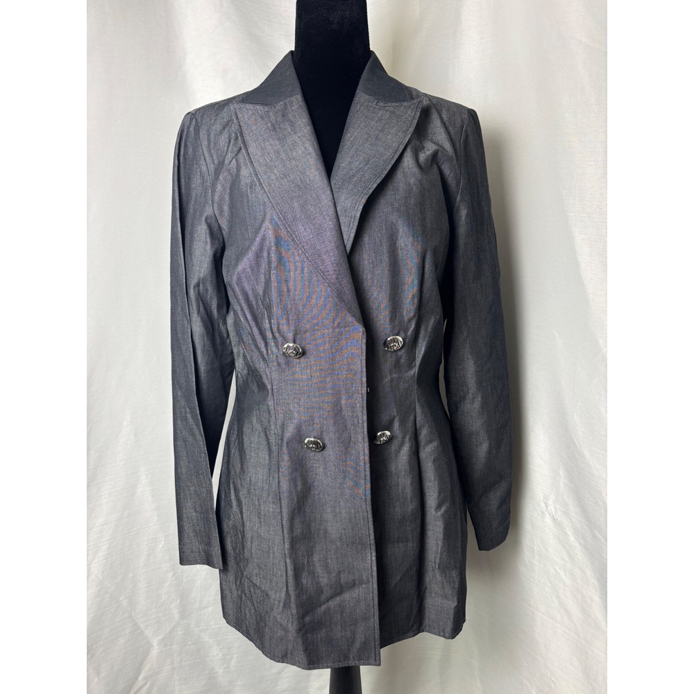 Ming Wang Blazer Jacket Women S Gray Excellent Double Breasted Cotton Office